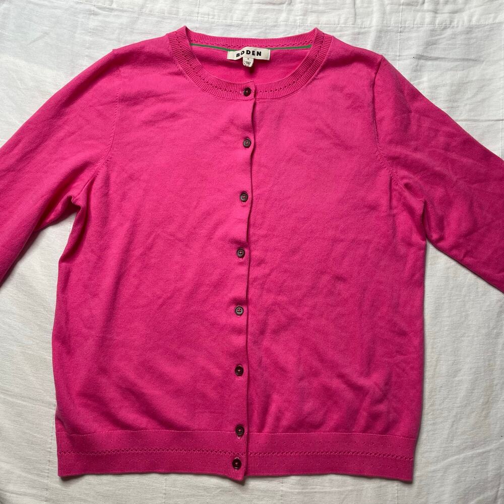 Boden Hot Pink Button Front Cardigan Sweater Sz Medium Women's Cotton Crewneck - Picture 2 of 8